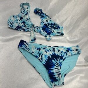 Cyn & Luca Blue White And Teal Bikini Set Small With Reversible Teal Bottoms.